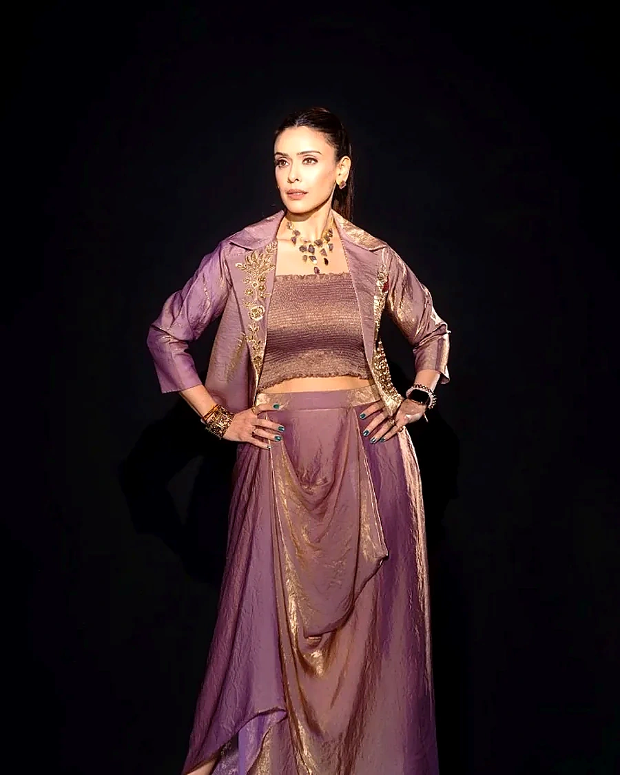 Hrishitaa Bhatt full-length lilac gold Fable look