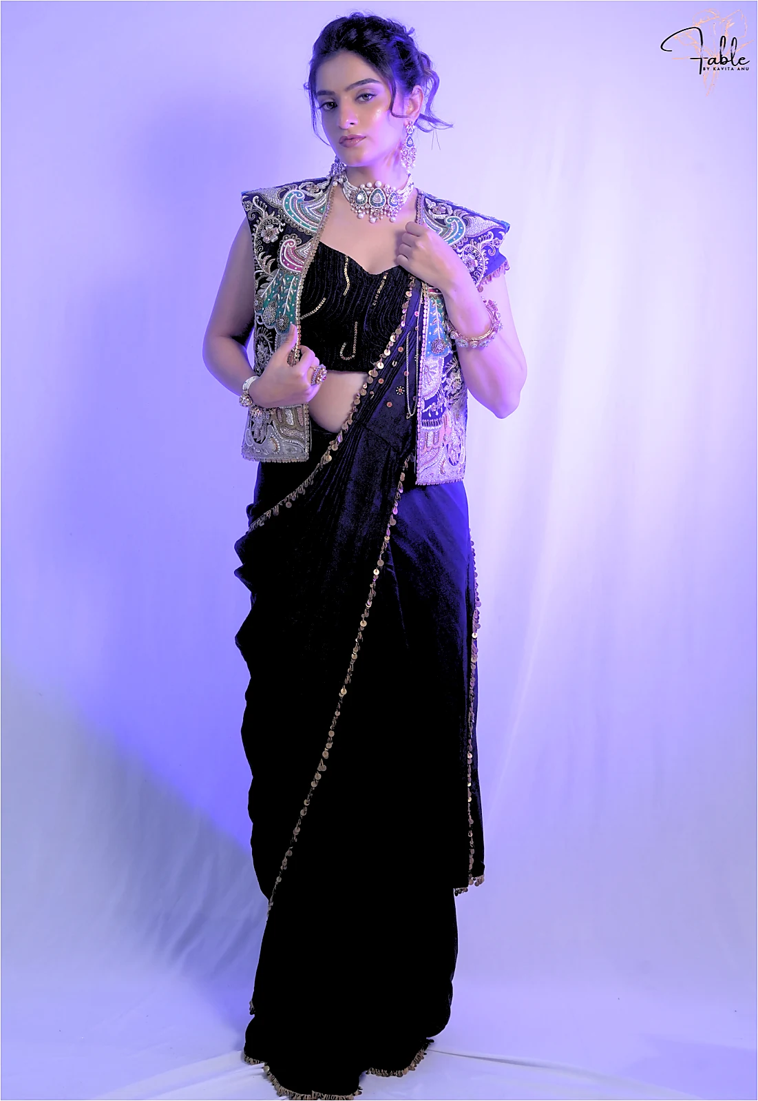 Black couture saree with embroidered jacket