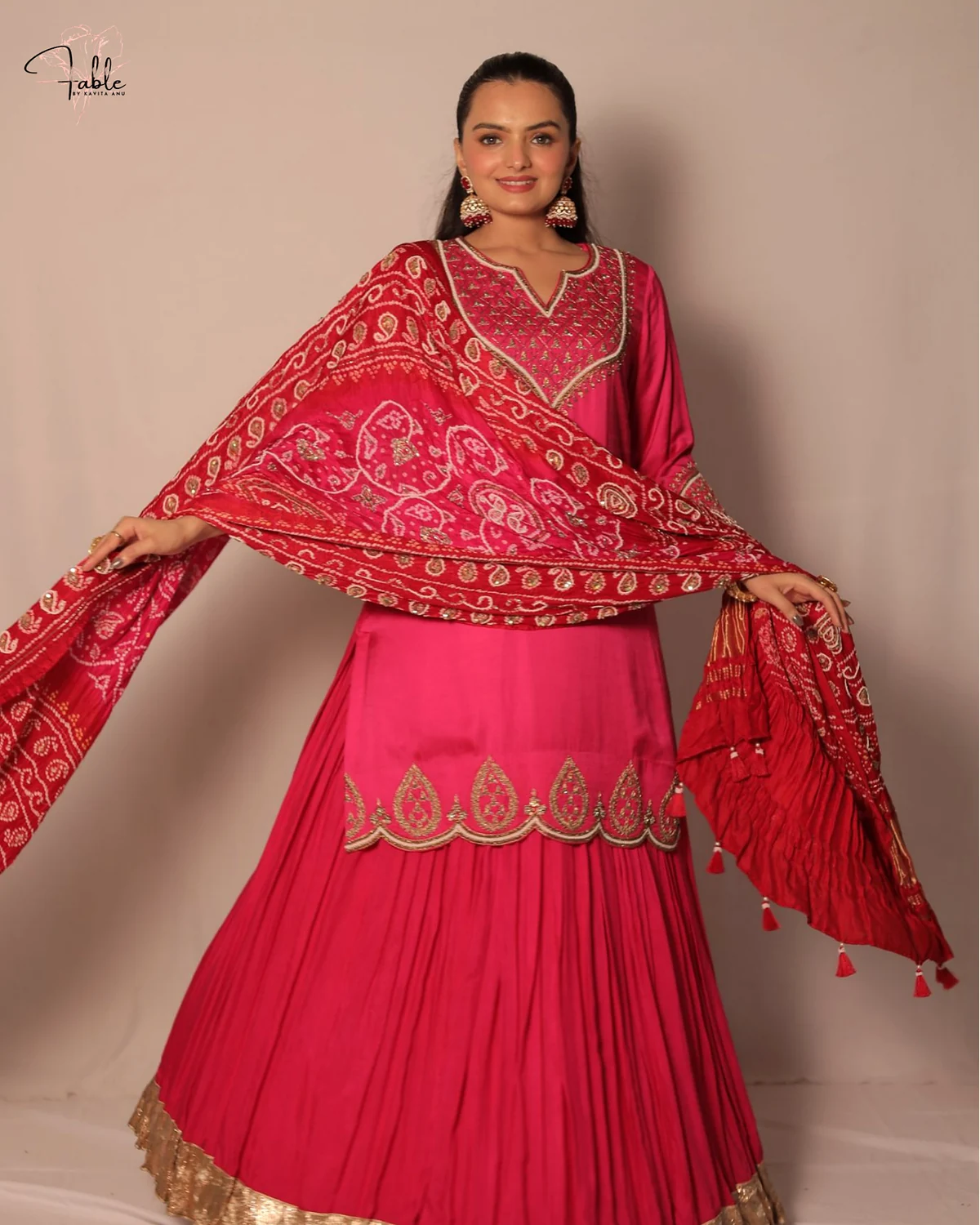 Red Bandhej festive set by Fable